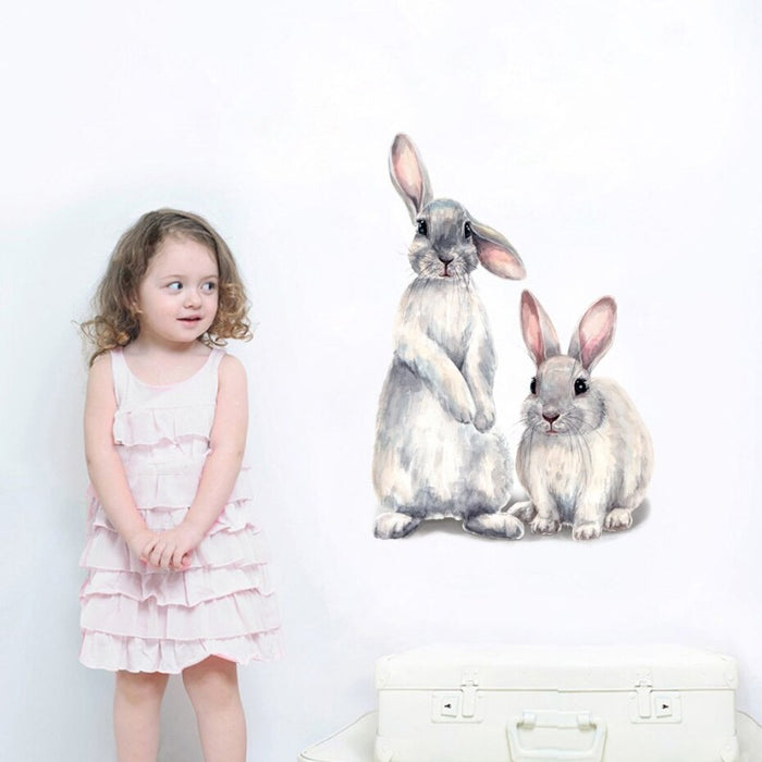 Watercolor Grey Baby Rabbits Floral - Removable Wall Decal