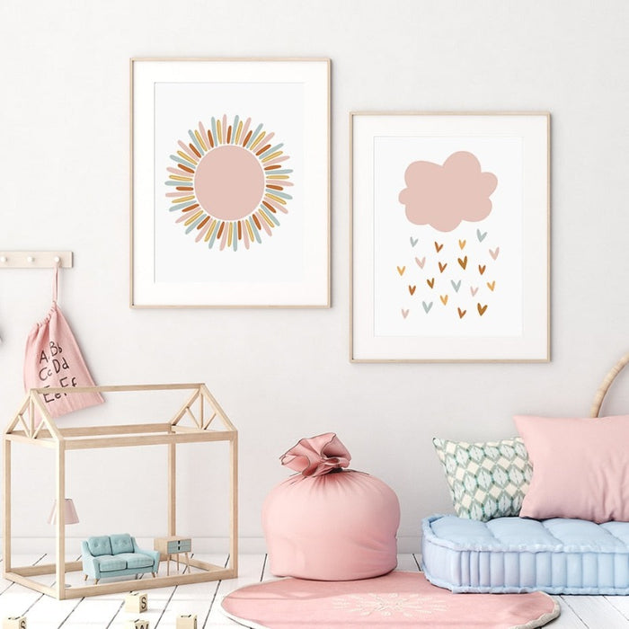 Boho Pink Rainbow Clouds Sunshine Nursery - Canvas Wall Art Print