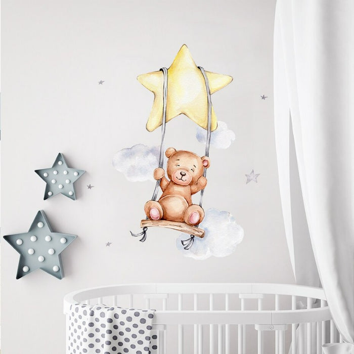 Cartoon Teddy Bear With Balloons & Clouds-Removable Wall Décor