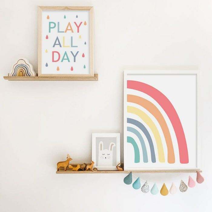 Colorful Rainbow Raindrop Play All Day - Canvas Wall Art Print