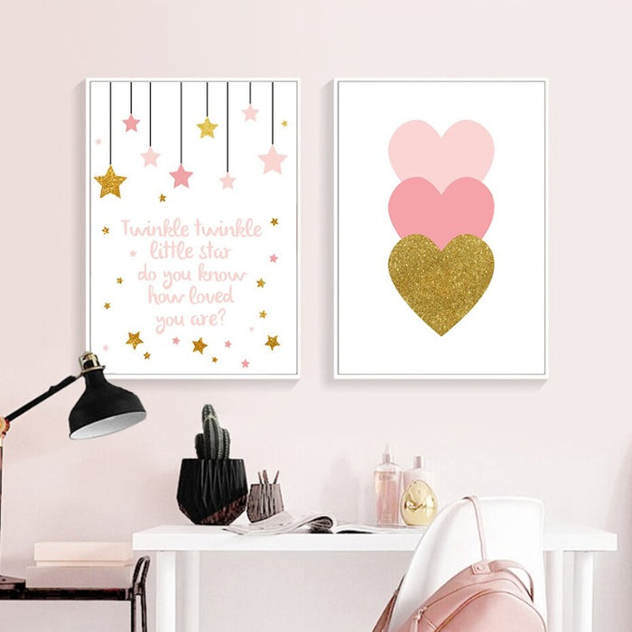 Modern Cartoon Pink Gold Heart Nursery - Canvas Wall Art Print