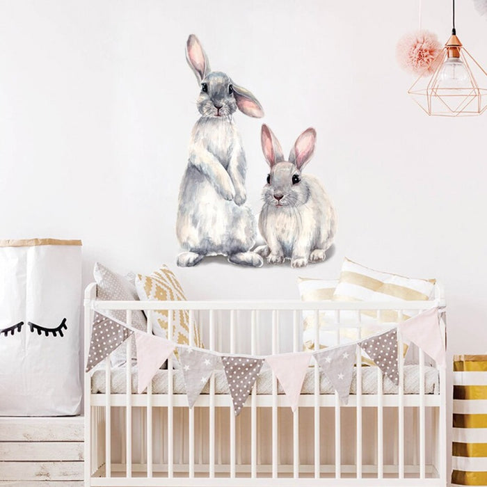 Watercolor Grey Baby Rabbits Floral - Removable Wall Decal