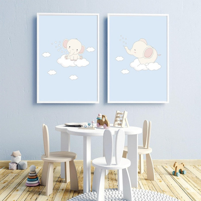 Cartoon Happy Little Elephant Nursery - Canvas Wall Art Print