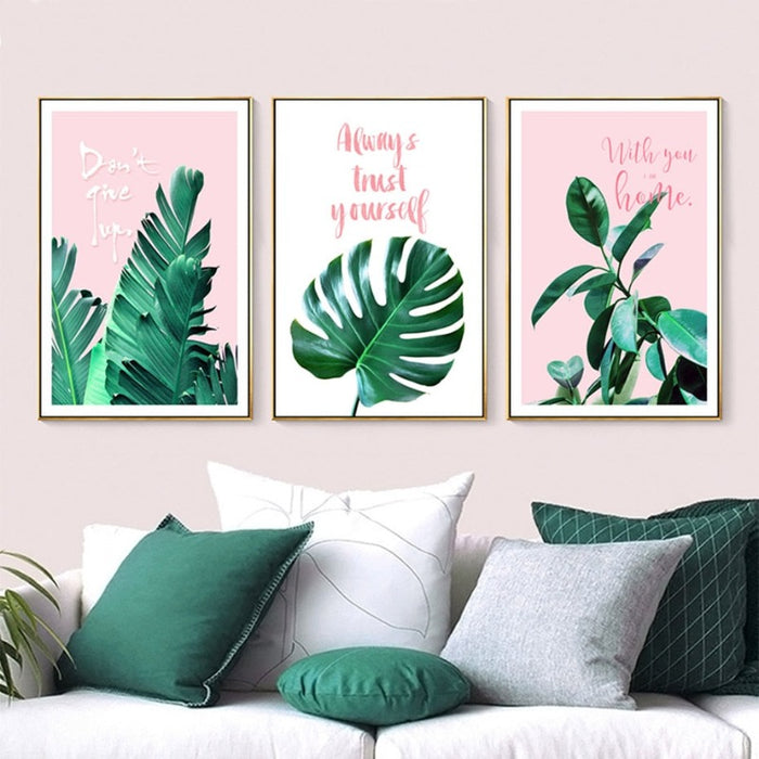 Pink Background Green Tropical Leaves - Canvas Wall Art Painting