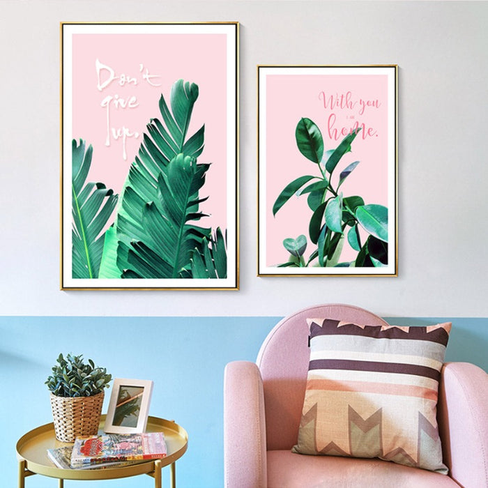 Pink Background Green Tropical Leaves - Canvas Wall Art Painting