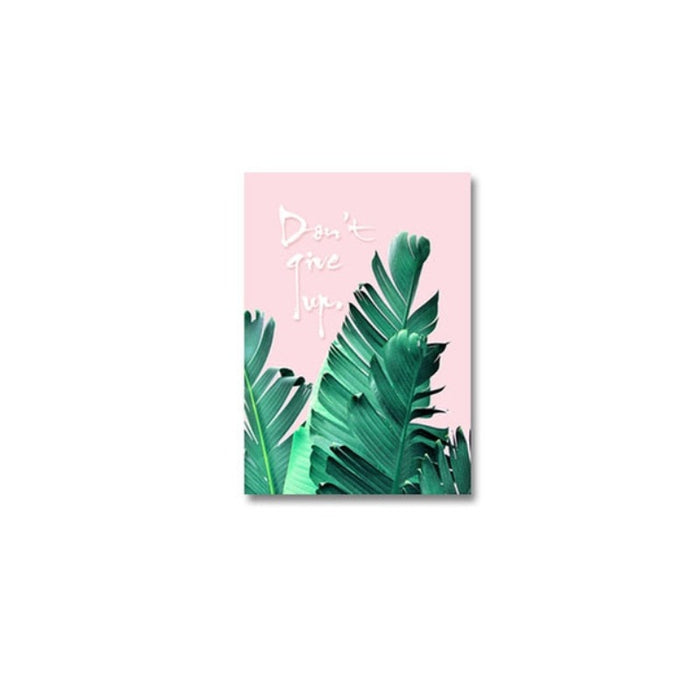 Pink Background Green Tropical Leaves - Canvas Wall Art Painting