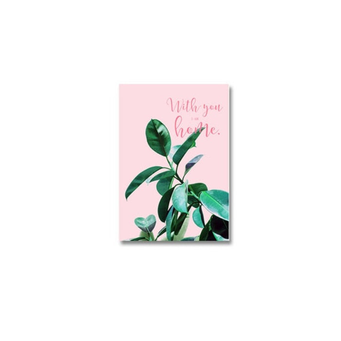 Pink Background Green Tropical Leaves - Canvas Wall Art Painting