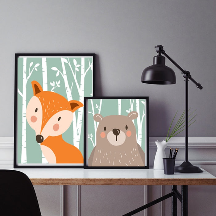 Woodland Animals Rabbit Fox Bear Nursery  - Canvas Wall Art Painting