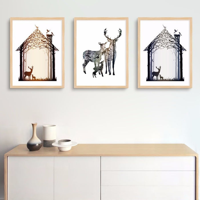 Abstract Deer Family Animals - Canvas Wall Art Painting