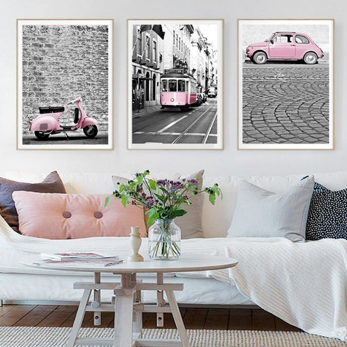City Landscape Pink Car-Canvas Wall Art Painting