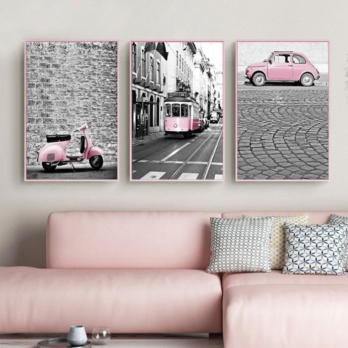 City Landscape Pink Car-Canvas Wall Art Painting