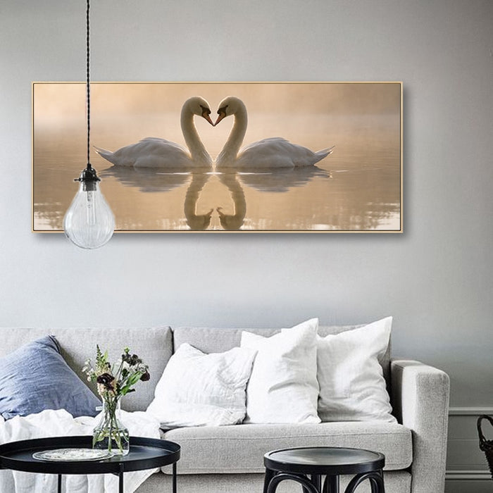 Love Coupe Of Swan Landscape - Canvas Wall Art Painting