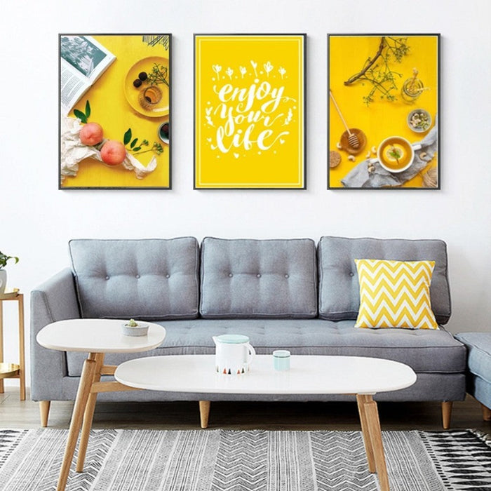 Food Tea Poster Life Quote Yellow Background - Canvas Wall Art Painting