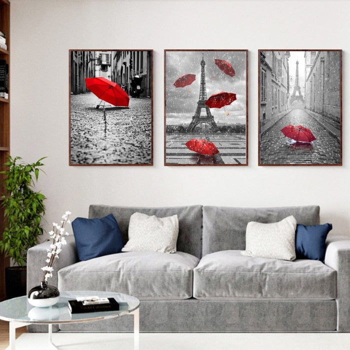 Vintage Eiffel Tower Red Umbrella - Canvas Wall Art Painting