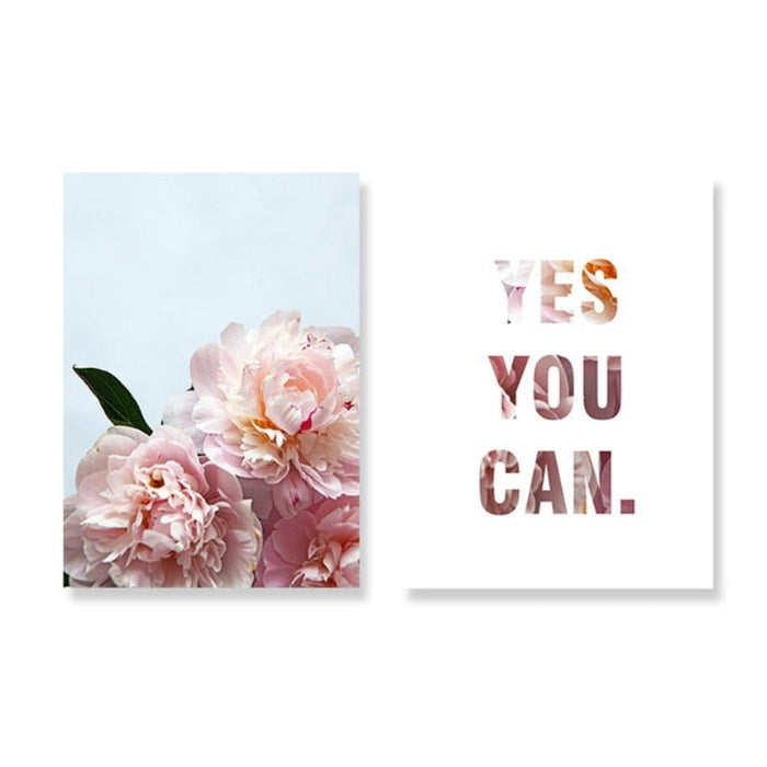 Pink Peony Floral Yes You Can Quotes  - Canvas Wall Art Painting