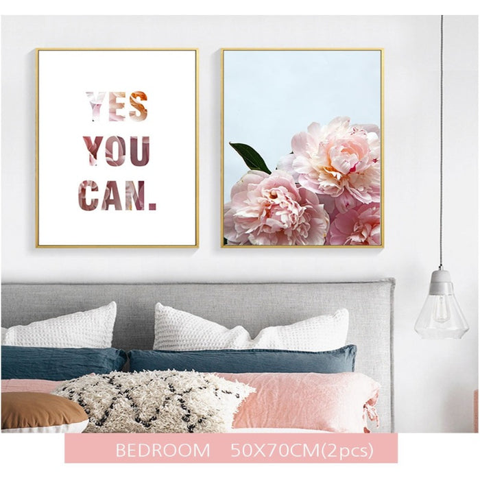 Pink Peony Floral Yes You Can Quotes  - Canvas Wall Art Painting