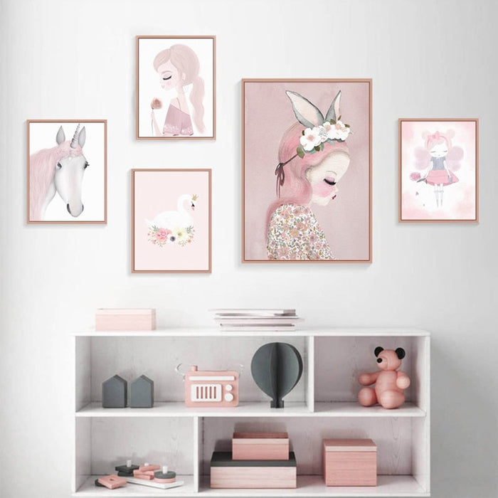 Sweet Pink Unicorn Girls - Canvas Wall Art Painting
