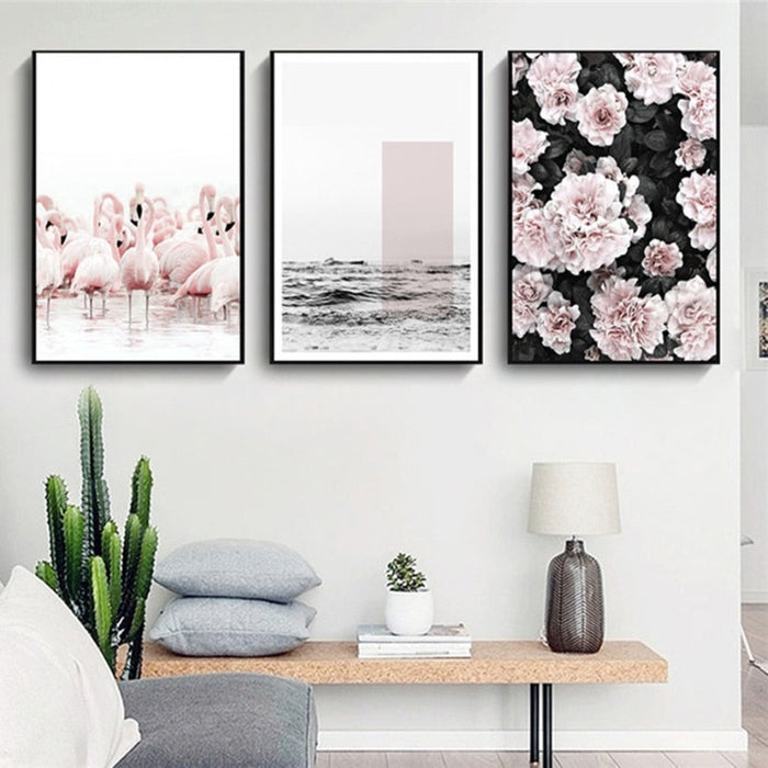 Modern Pink Floral Flamingo - Canvas Wall Art Painting