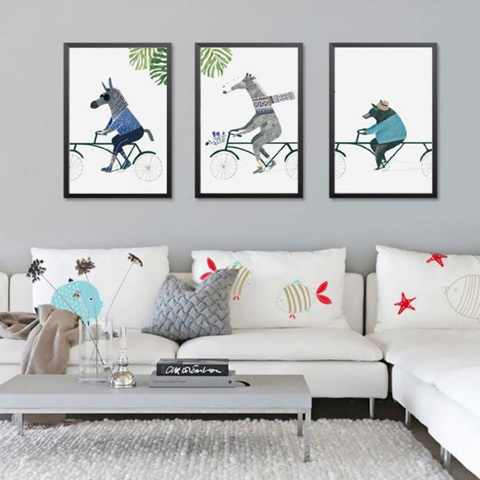 Nordic Animals Bear Zebra Riding Bike - Canvas Wall Art Painting