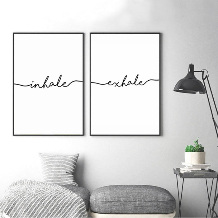 Minimalist Black White Exhale Inhale Letters - Canvas Wall Art Painting