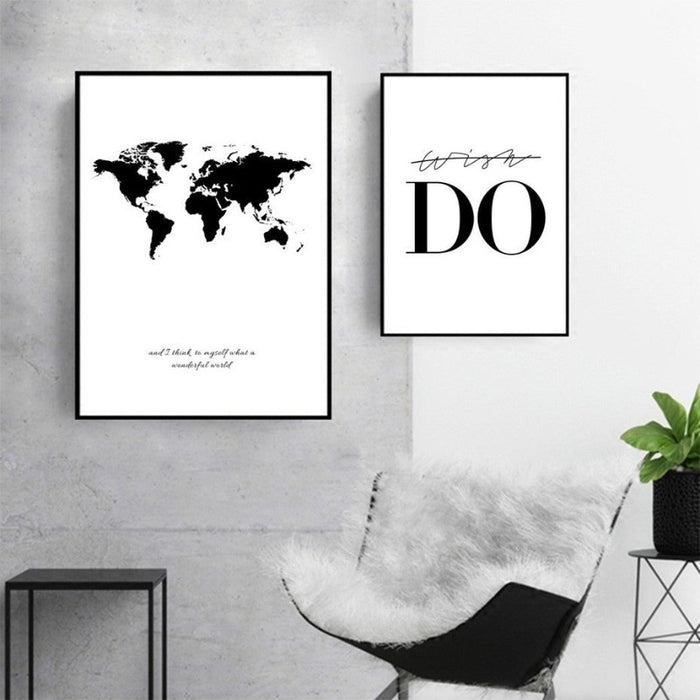 Black White World Map - Canvas Wall Art Painting