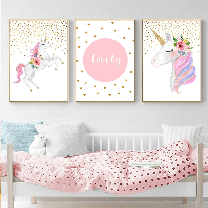 Modern Cartoon Pink Unicorn - Canvas Wall Art Painting