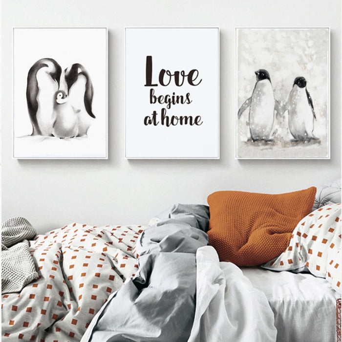 Modern Penguin Family Love - Canvas Wall Art Painting