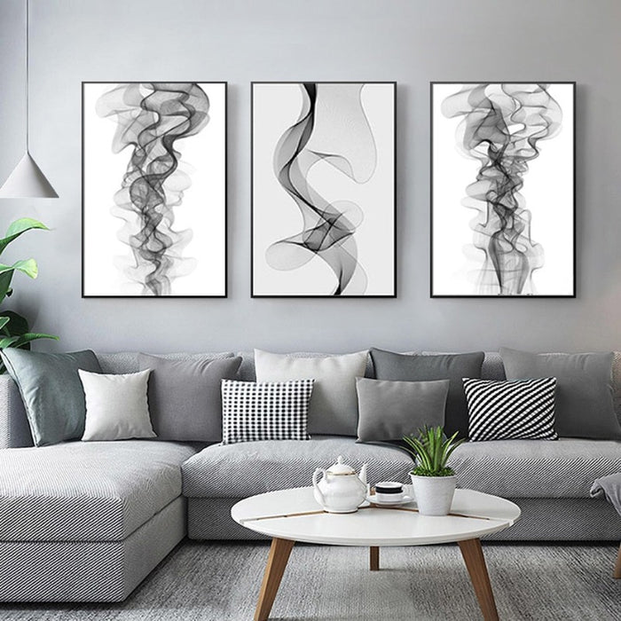 Minimalist Abstract Wavy Lines Pattern Black White - Canvas Wall Art Painting
