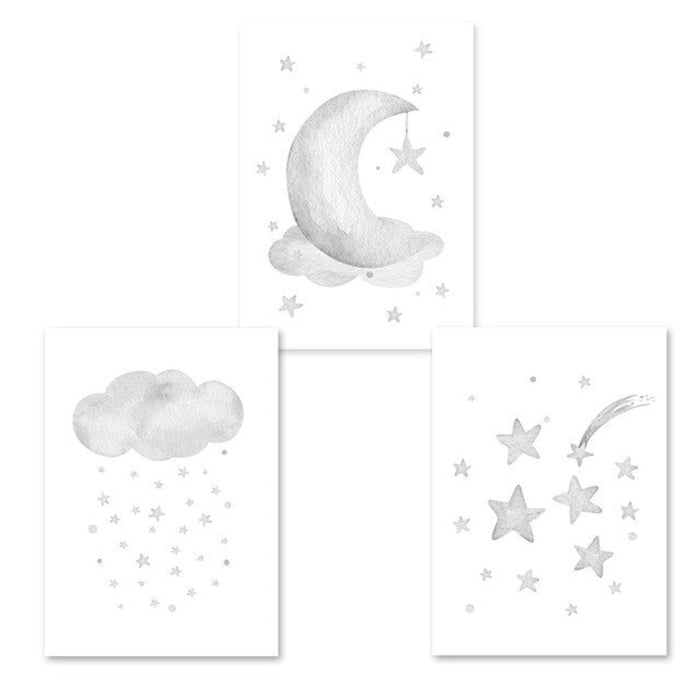 Grey Moon Stars Cloud Nursery - Canvas Wall Art Painting