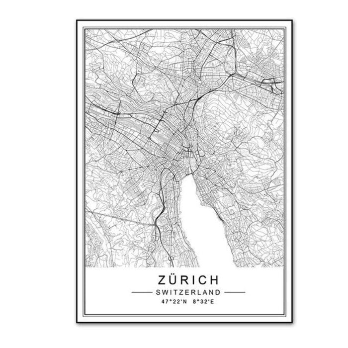Minimalist City LISBON ZURICH Map Travel - Canvas Wall Art Painting