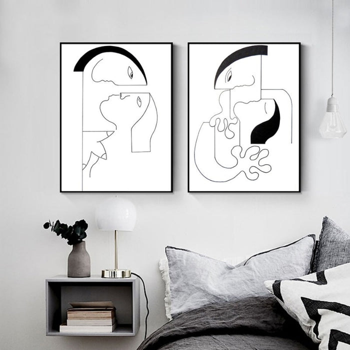 Minimalist Abstract Black White Couple Figure - Canvas Wall Art Painting