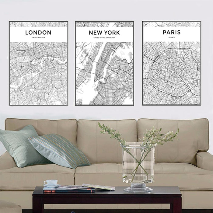 Modern City Maps Travel Contour - Canvas Wall Art Painting