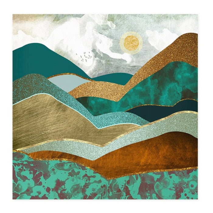 Trendy Green Golden Hills Abstract Scene - Canvas Wall Art Painting
