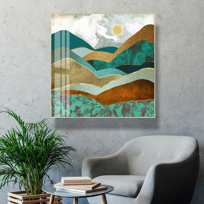 Trendy Green Golden Hills Abstract Scene - Canvas Wall Art Painting