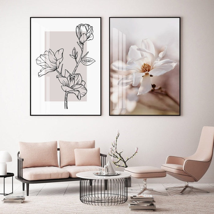 Modern Pink Floral Sketch Plants - Canvas Wall Art Painting