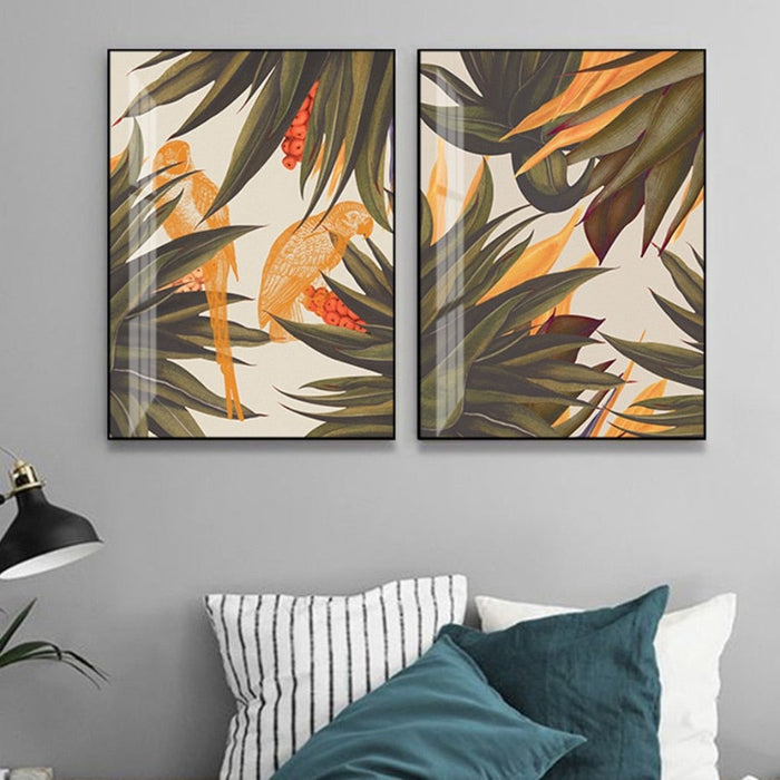 Trend Abstract Seamless Pattern With Colorful Tropical Leaves Beige - Canvas Wall Art Painting