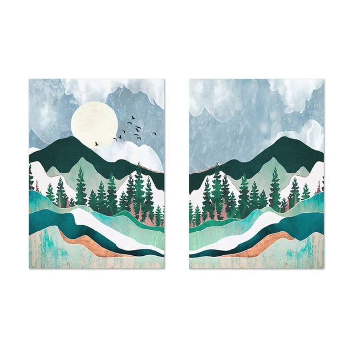 Trendy Abstract Mountain Landscape Mint Green - Canvas Wall Art Painting