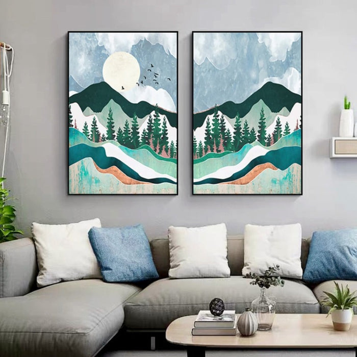 Trendy Abstract Mountain Landscape Mint Green - Canvas Wall Art Painting