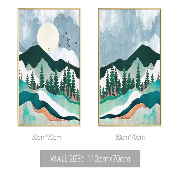 Trendy Abstract Mountain Landscape Mint Green - Canvas Wall Art Painting