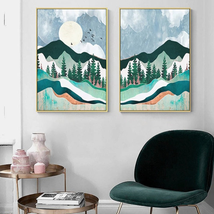 Trendy Abstract Mountain Landscape Mint Green - Canvas Wall Art Painting