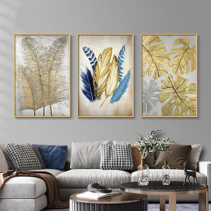 Golden Feather Leaves - Canvas Wall Art Painting