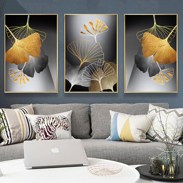 Golden Tropical Leaf Abstract - Canvas Wall Art Painting
