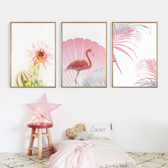 Pink Flamingo Flowers Girls - Canvas Wall Art Painting