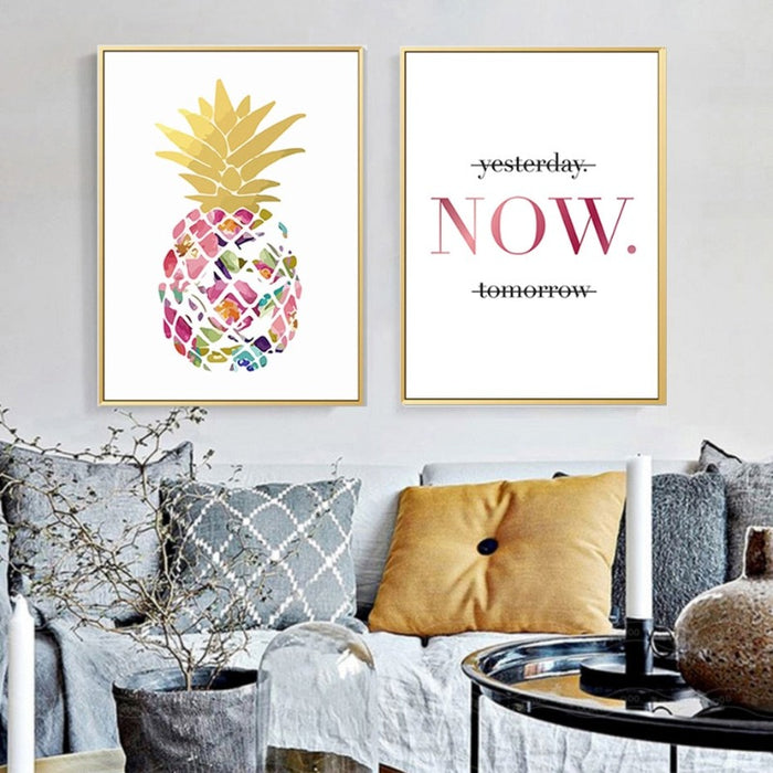 Modern Yellow Gold Pineapple Today Quotes - Canvas Wall Art Painting