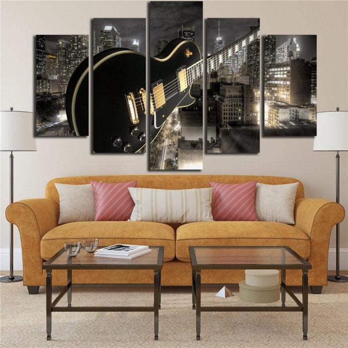 Guitar And City - Canvas Wall Art Painting
