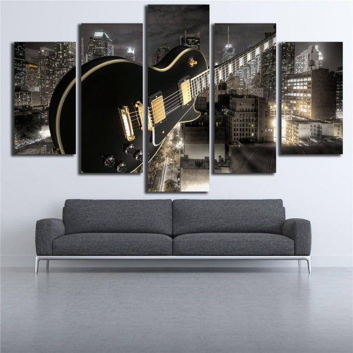 Guitar And City - Canvas Wall Art Painting