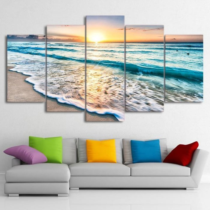 Sunset Beach 5 Piece Canvas Wall Art Painting | Coastal Beach Sunset Decor for Living Room & Bedroom