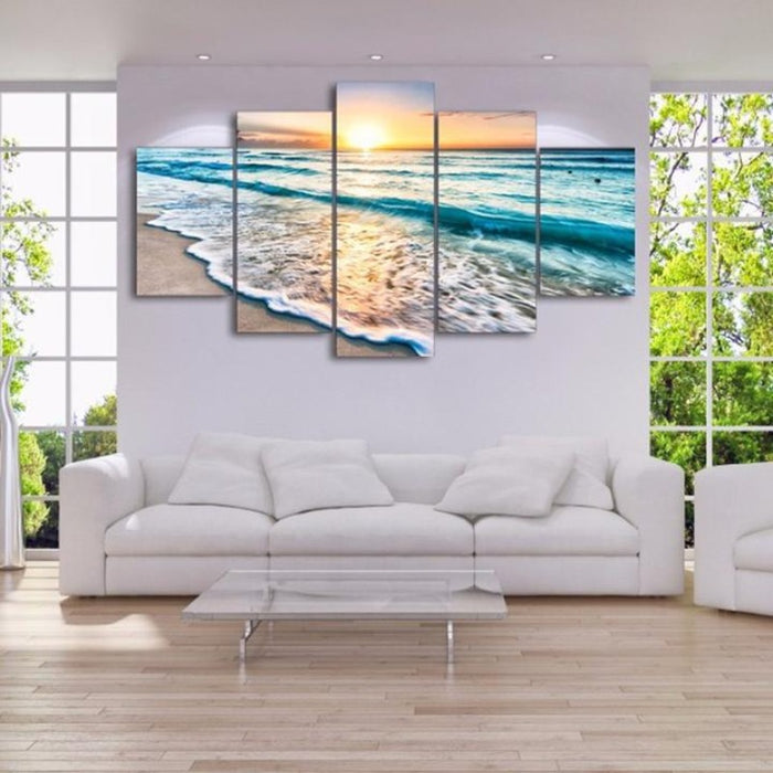 Sunset Beach 5 Piece Canvas Wall Art Painting | Coastal Beach Sunset Decor for Living Room & Bedroom