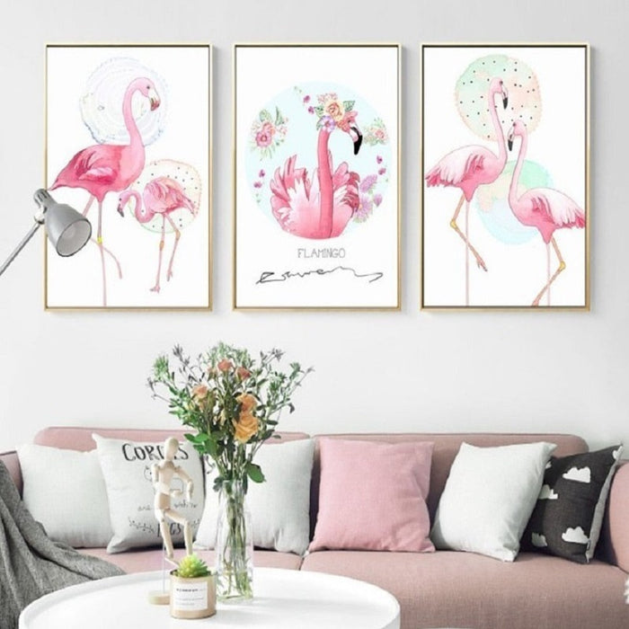 Pink Flamingo Animals Flower Poster - Canvas Wall Art Painting