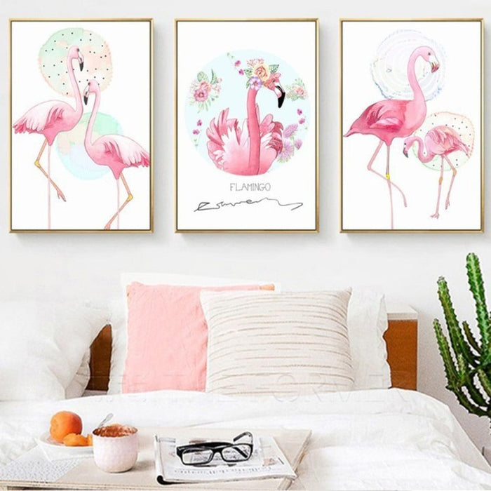 Pink Flamingo Animals Flower Poster - Canvas Wall Art Painting